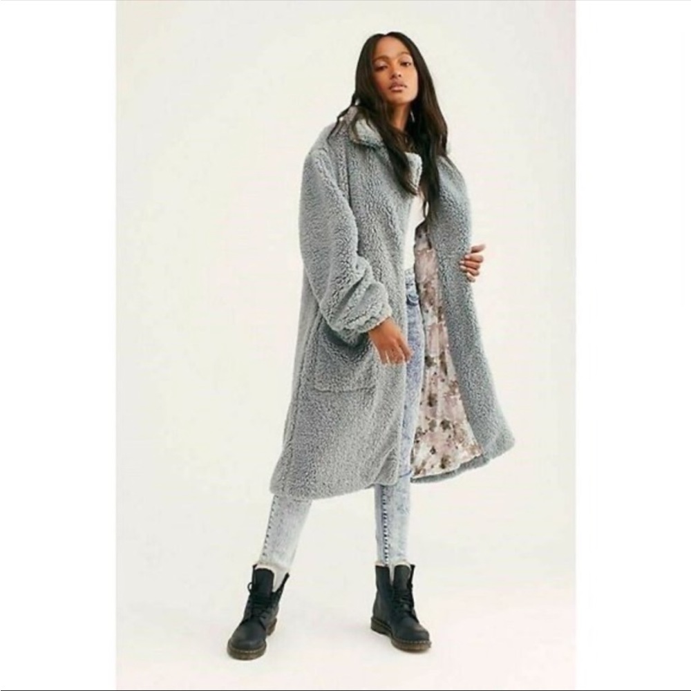 Free People Blue Tessa Teddy Longline Faux Sherpa Fur Trench Coat - Picture 3 of 13